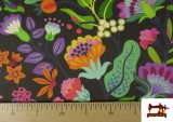 Tela de Lona Half Panama de Flores Multicolor color Negro